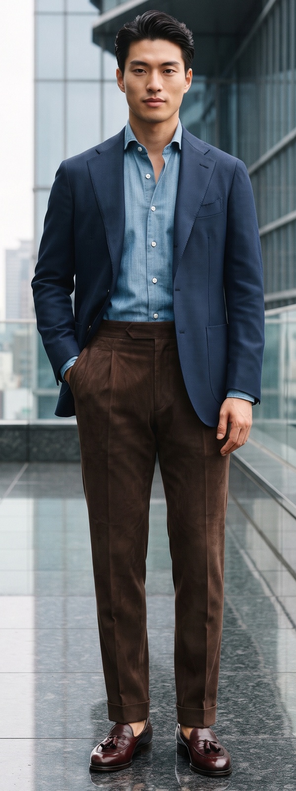Textured Navy Wool Blazer with Denim Shirt and Brown Corduroy Pants