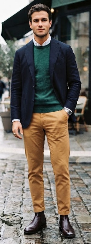 Tailored Smart Casual Navy Blazer with Emerald Green Sweater and Camel Chinos