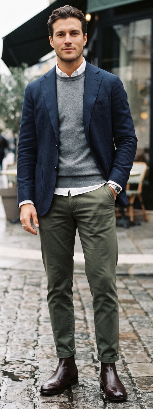 Parisian Smart Casual Navy Blazer with Heather Grey Sweater and Olive Chinos