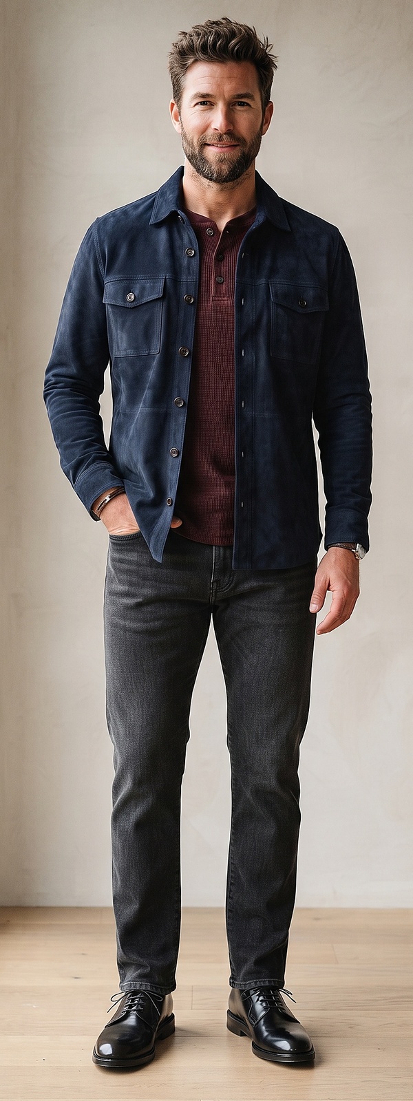 Navy Blue Suede Overshirt Burgundy Henley and Charcoal Jeans Look