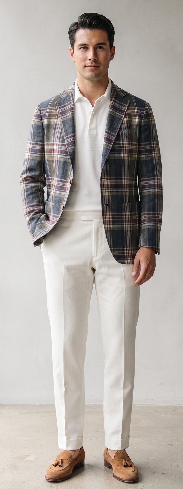 Navy and Burgundy Plaid Blazer with White Knit Polo and Cream Dress Pants