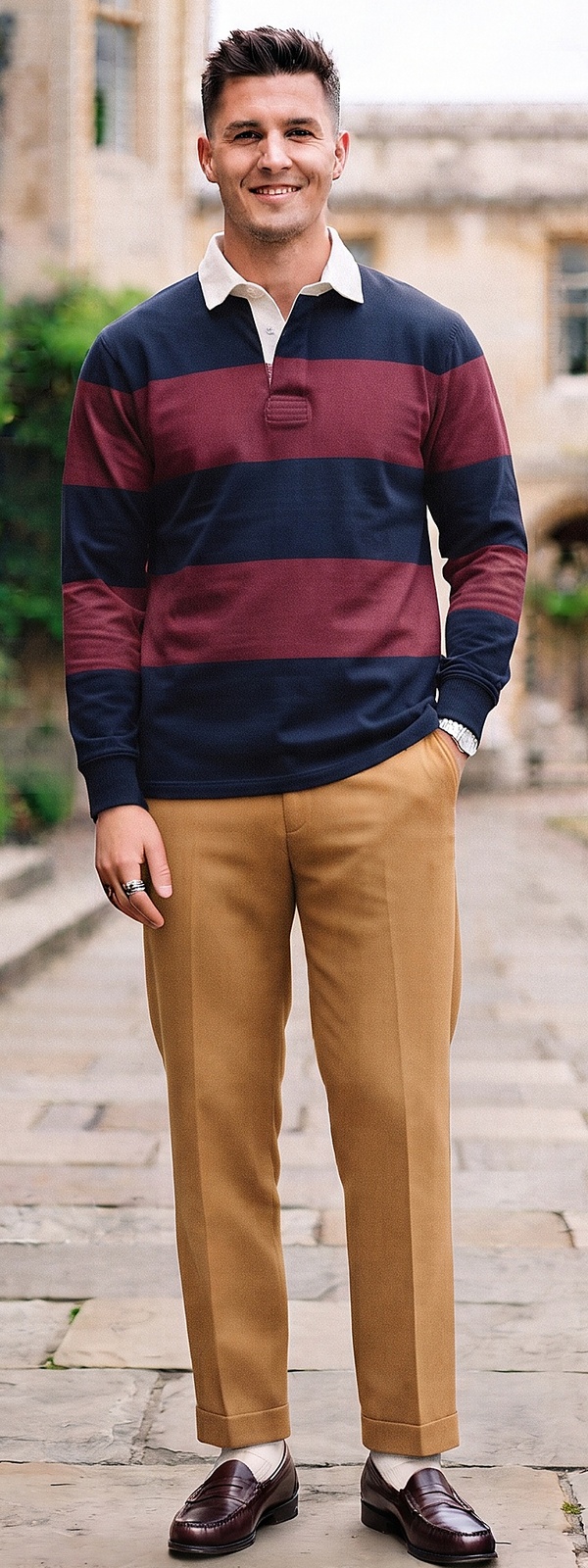 Navy Burgundy Striped Rugby Shirt and Camel Pleated Dress Pants Outfit