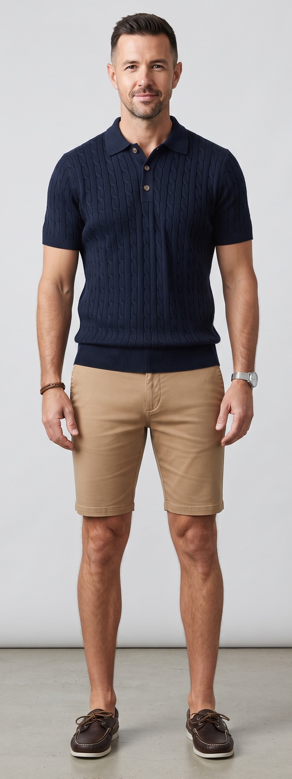Navy Cable Knit Polo and Tan Chino Shorts Summer Look