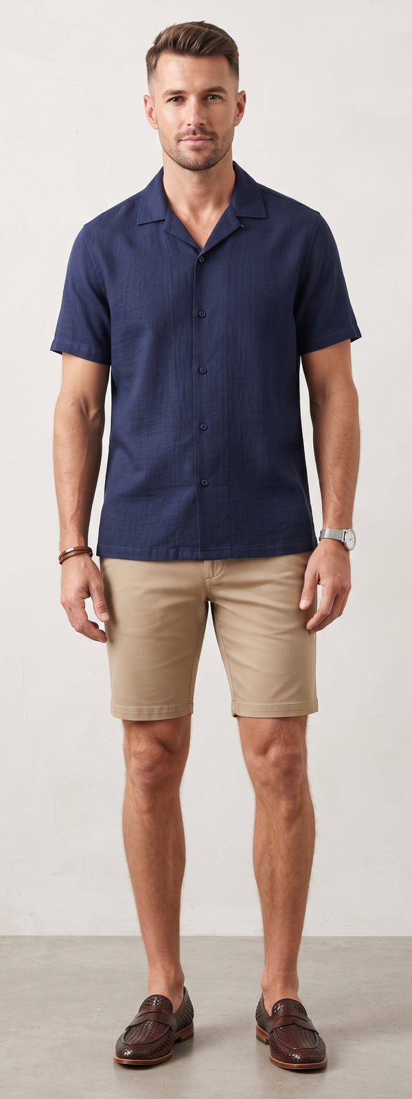 Navy Camp Collar Shirt and Khaki Chino Shorts Summer Look