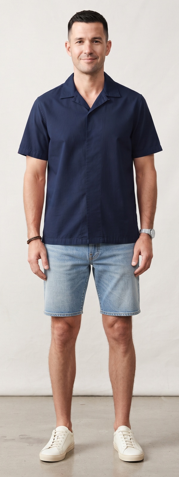 Navy Camp Collar Shirt and Light Wash Denim Shorts Look