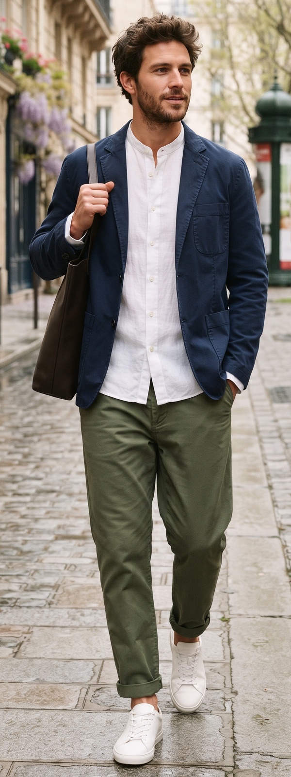 Parisian Navy Unstructured Blazer and Band Collar Shirt Look