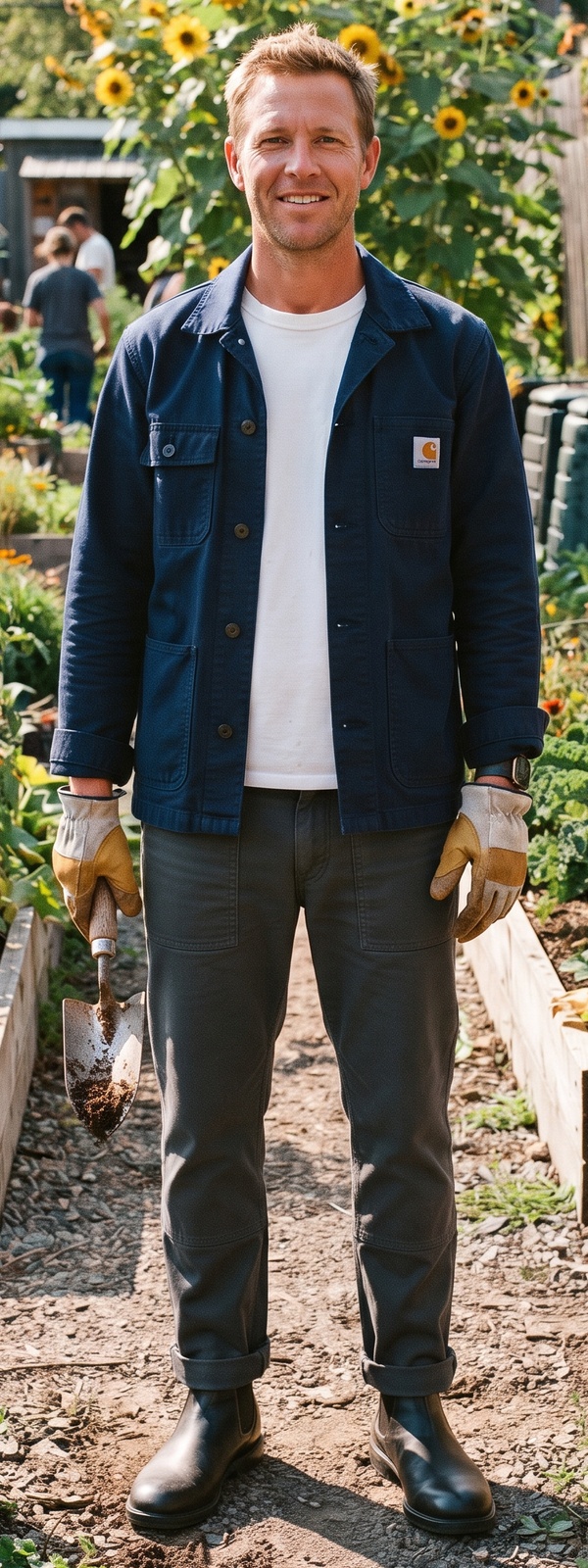 Navy Canvas Chore Jacket and Charcoal Fatigue Pants Urban Garden Look