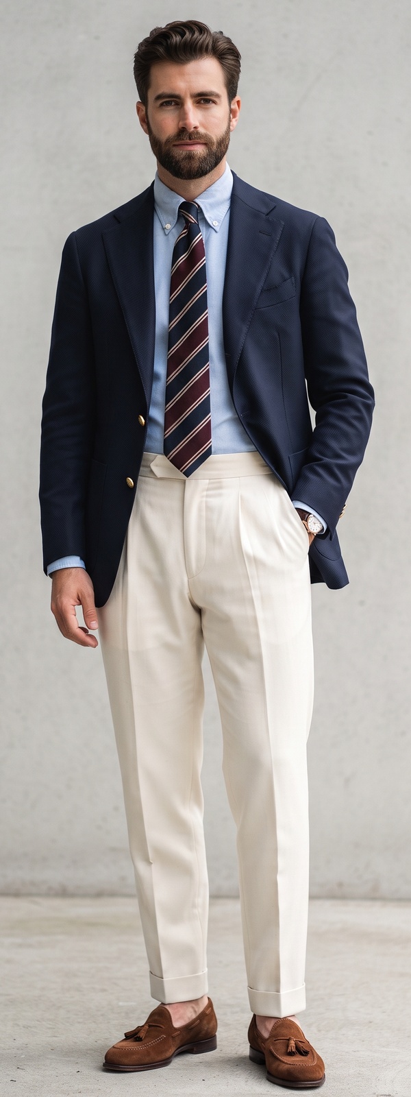 Navy Club Blazer with Repp Tie and Cream Dress Pants