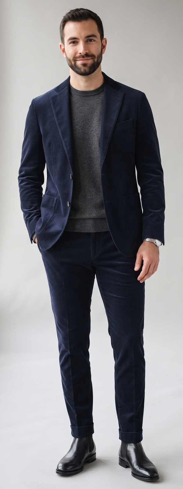 Sharp Midnight Navy Corduroy Suit and Charcoal Sweater With Chelsea Boots