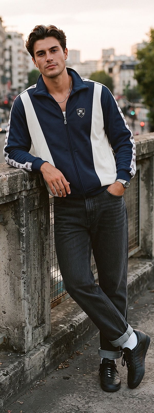 Vintage Navy and Cream Track Jacket and Washed Black Jeans Style