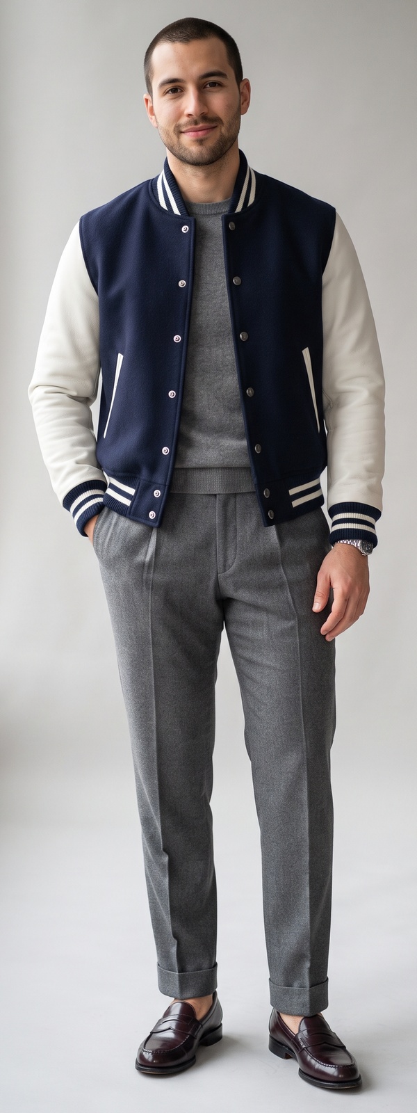 Navy and Cream Leather-Sleeve Varsity Jacket With Grey Wool Flannel Pants and Burgundy Loafers