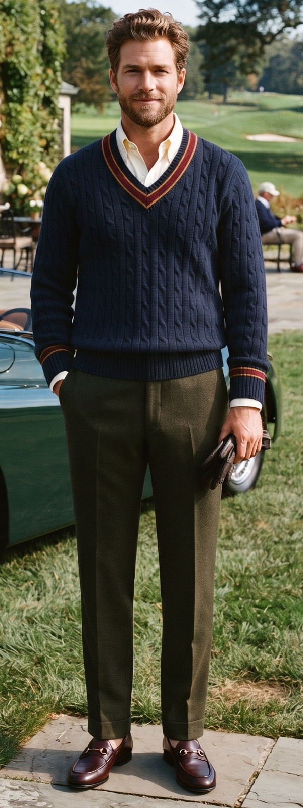Country Club Navy Cable Knit Cricket Sweater and Olive Dress Pants Look