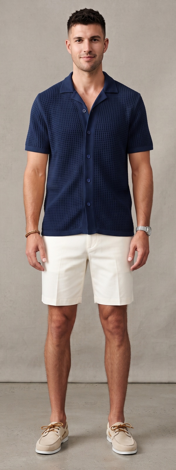 Navy Crochet Knit Button Down Shirt and White Linen Shorts Look