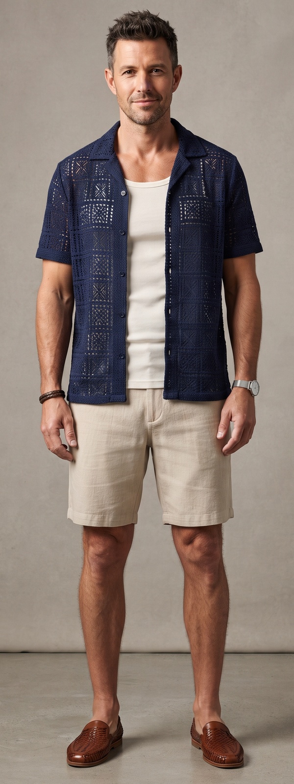 Navy Crochet Open Weave Shirt and Beige Linen Shorts Look