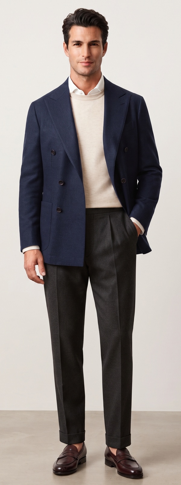 Italian Navy Double Breasted Blazer Cream Knit and Charcoal Flannels Look