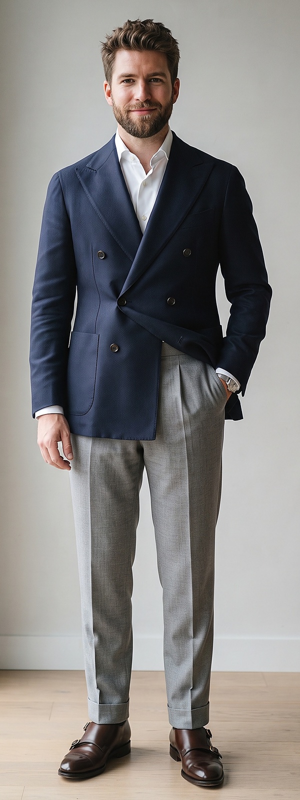 Navy Double Breasted Blazer White Dress Shirt and Grey Dress Pants Ensemble
