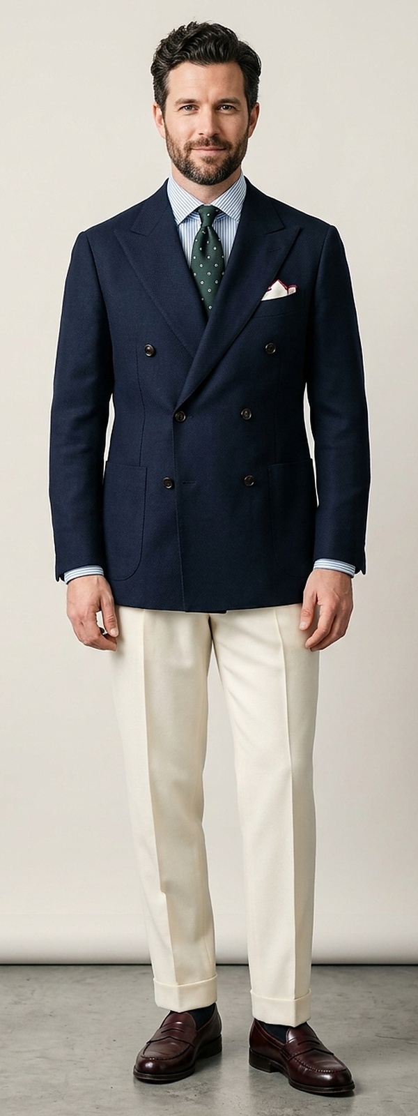 Sartorial Navy Double-Breasted Blazer with Striped Shirt and Cream Pleated Trousers