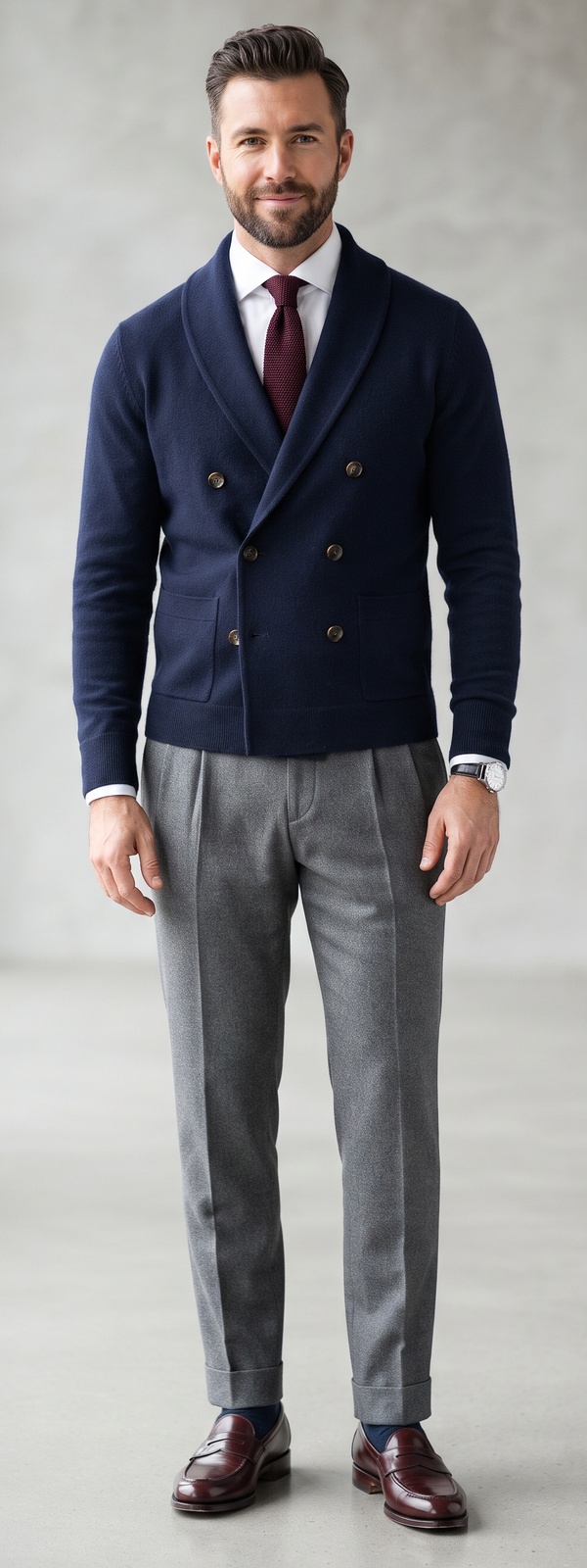 Double Breasted Navy Knit Cardigan with Pleated Grey Flannel Dress Pants