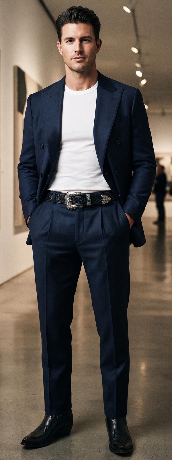 Navy Double-Breasted Suit, White Tee & Western Belt