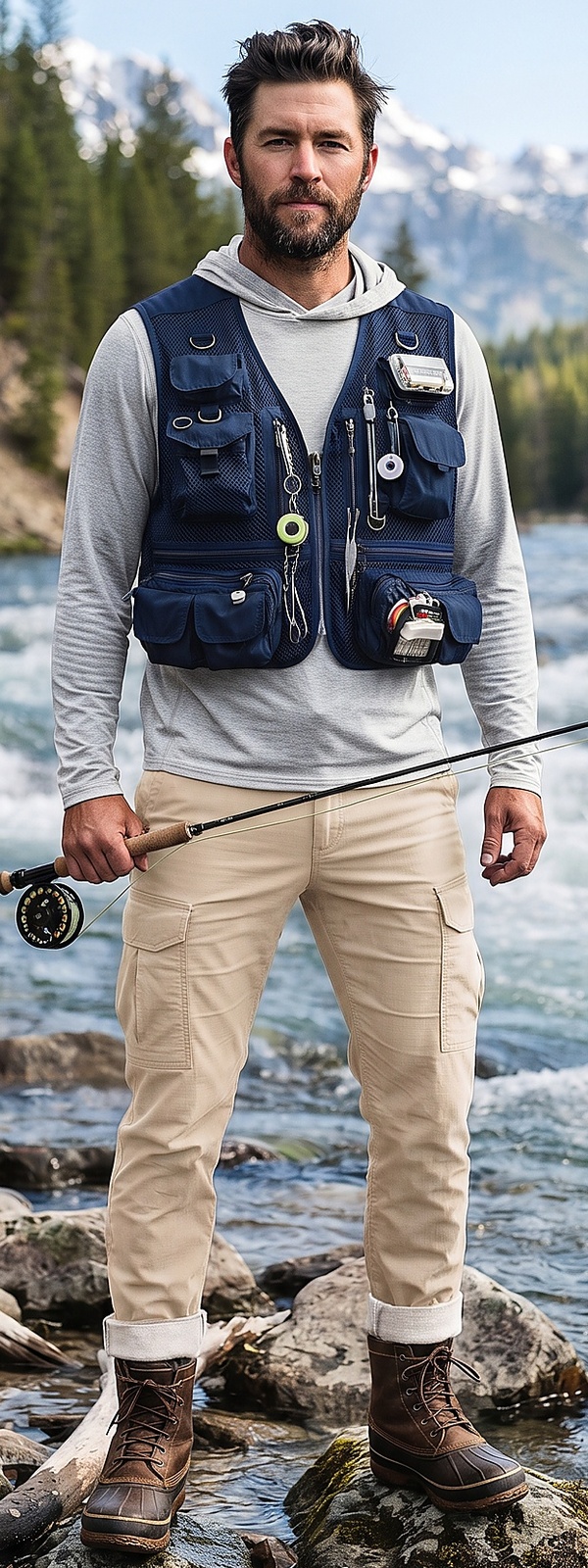 Classic Navy Fishing Vest and Sand Khaki Cargo Pants Outfit