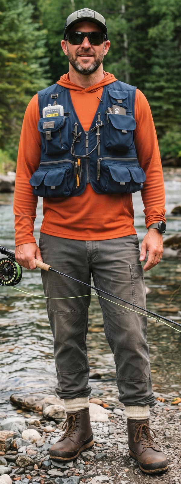 Navy Fly Fishing Utility Vest and Rust Sun Hoodie Angler River Look