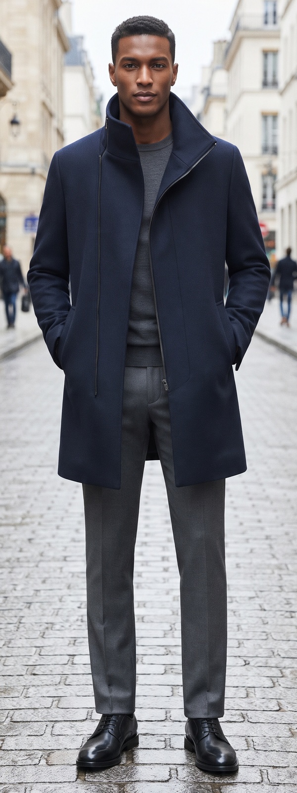 Navy Funnel Neck Overcoat with Grey Sweater and Tapered Dress Pants