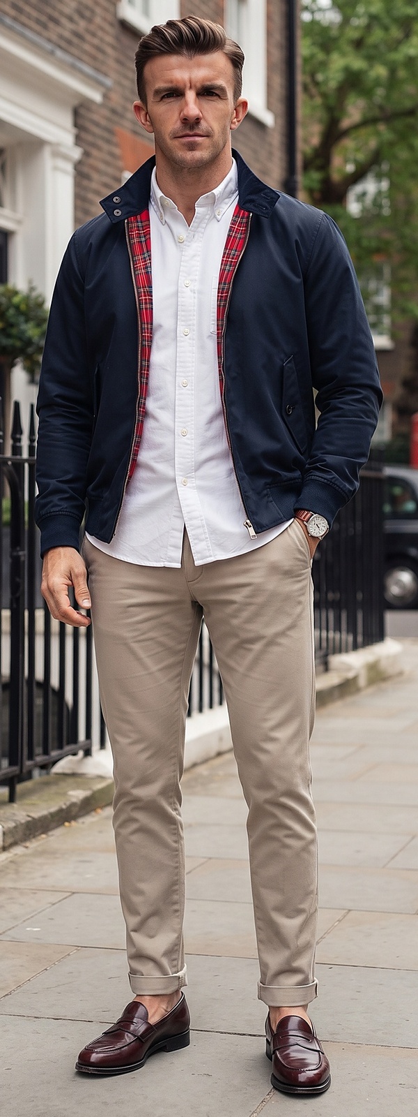 Navy Harrington Jacket White Oxford Shirt and Khaki Chino Pants Look