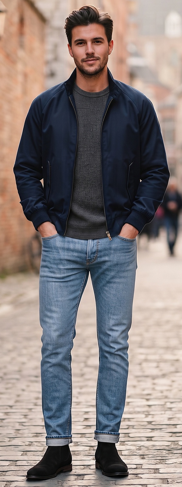 Navy Harrington Jacket Grey Waffle Sweater and Light Wash Denim Jeans