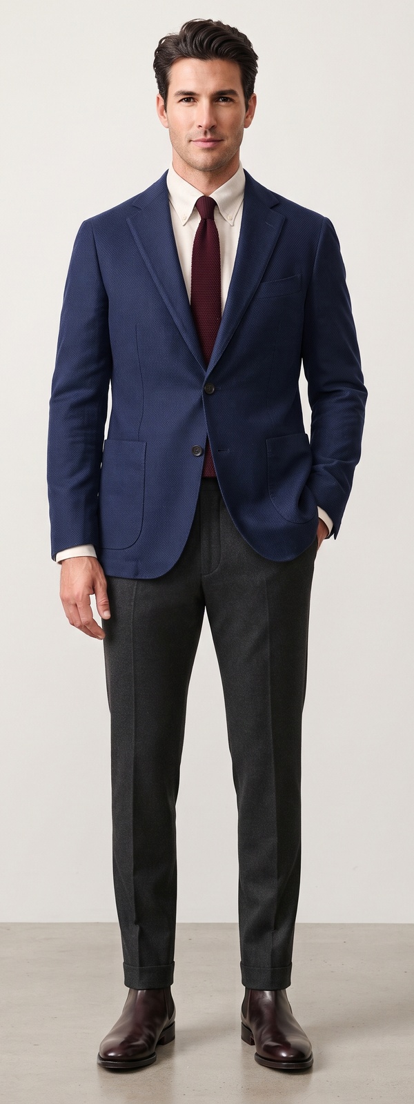 Sharp Navy Hopsack Blazer Burgundy Knit Tie and Charcoal Pants Look