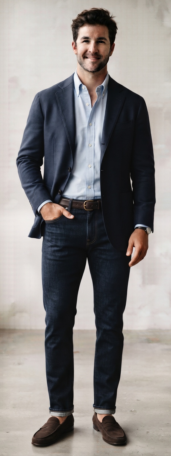 Navy Hopsack Blazer with Light Blue Button Down Shirt and Selvedge Jeans