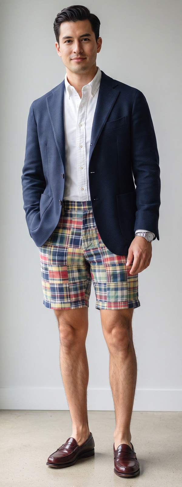 Navy Textured Hopsack Blazer with White Oxford Shirt and Madras Plaid Shorts