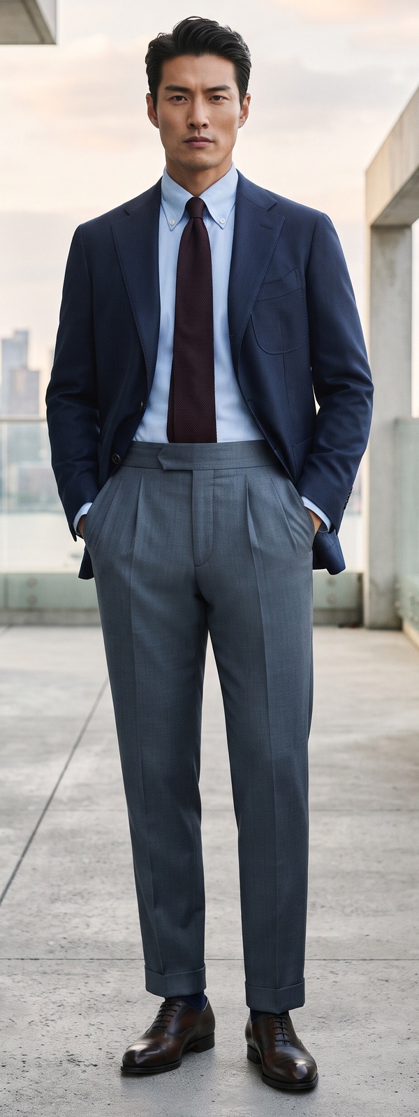 Navy Hopsack Blazer with Tab Collar Shirt and Grey Pleated Trousers