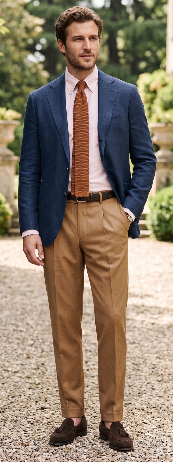 Garden Party Wedding Guest Navy Hopsack Blazer with Tan Pleated Trousers