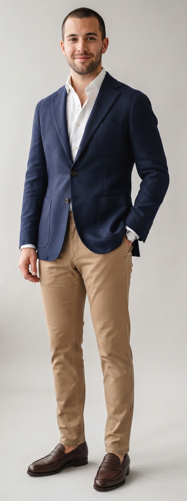 Classic Navy Textured Hopsack Blazer and Khaki Chino Pants Business Casual Look