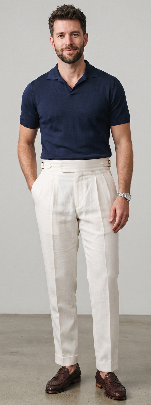Navy Johnny-Collar Knit Polo With Cream Gurkha Dress Pants and Woven Loafers