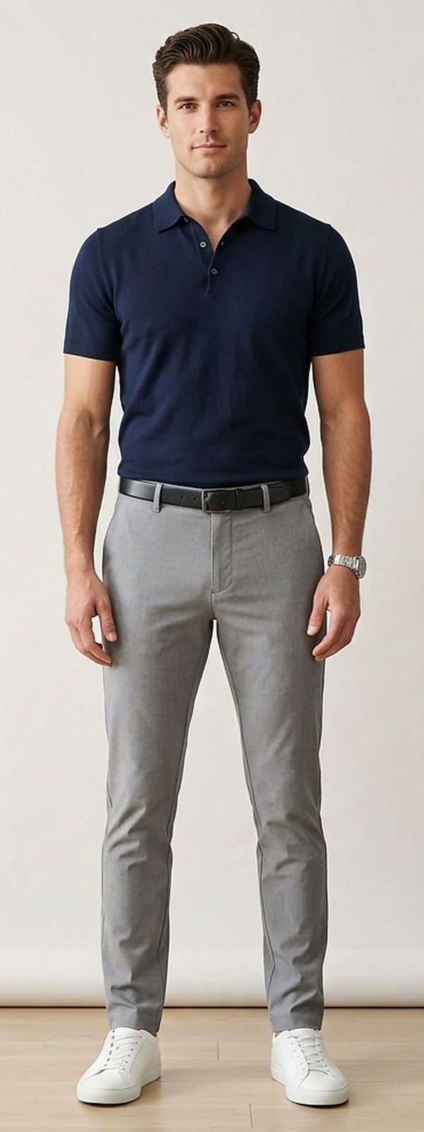 Modern Smart Casual Navy Knit Polo Shirt and Grey Performance Chino Pants Look