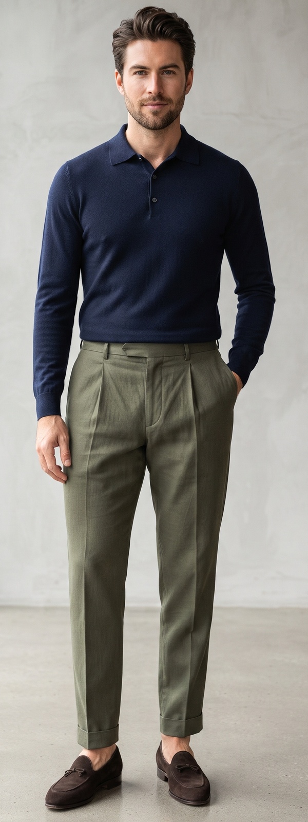 Navy Long Sleeve Knit Polo Shirt with Olive Green Pleated Pants