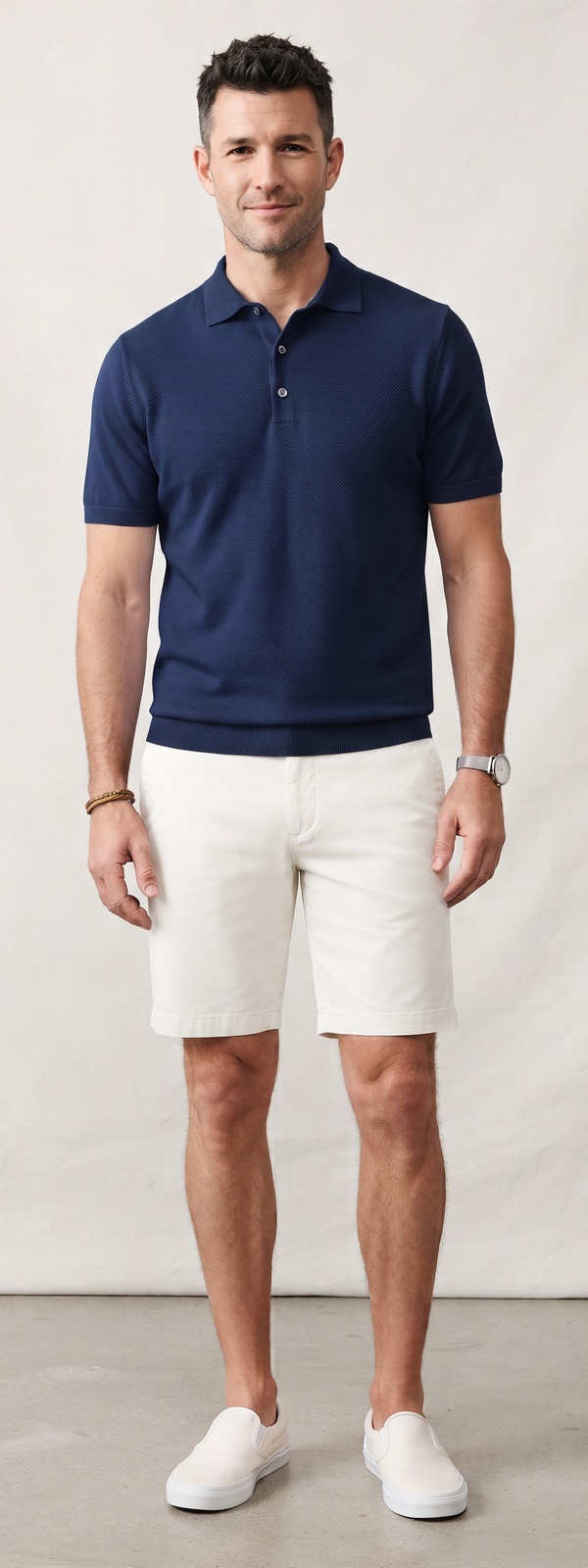 Navy Knit Polo Shirt and Off White Chino Shorts Summer Look