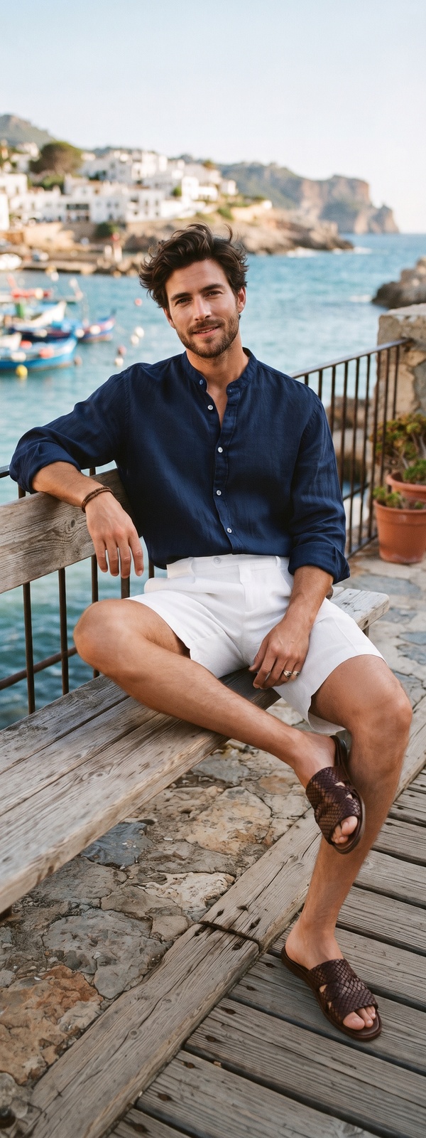 Mediterranean Riviera Navy Linen Band Collar Shirt and White Shorts Look