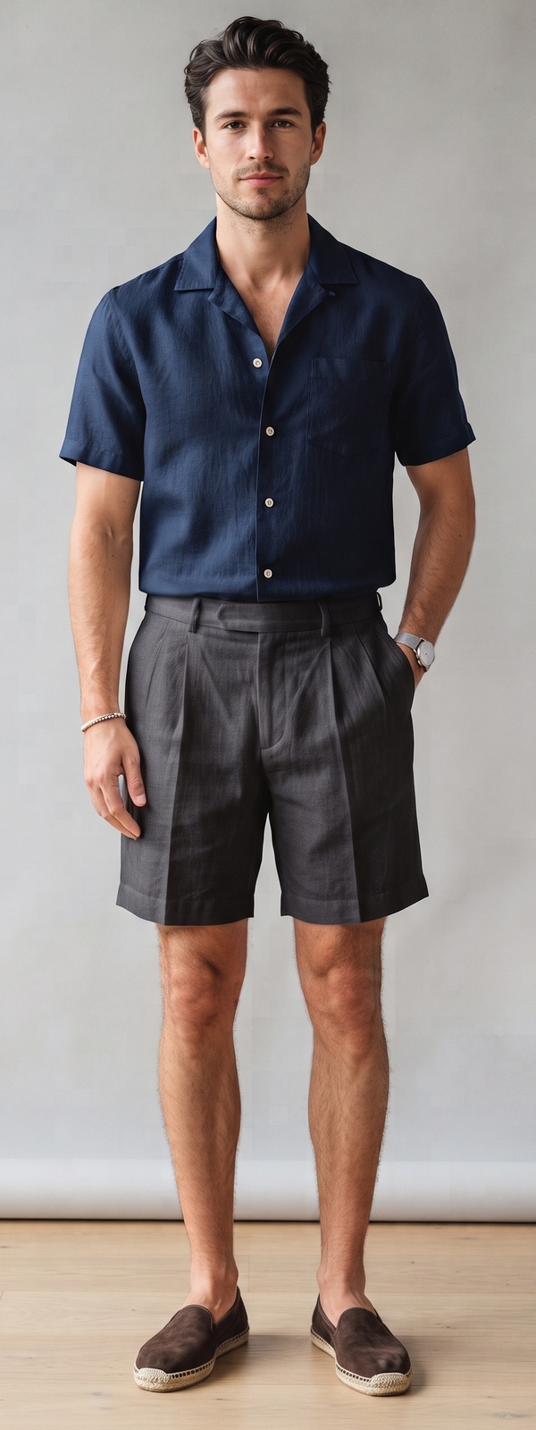 Navy Linen Camp Shirt and Charcoal Pleated Shorts Summer Look