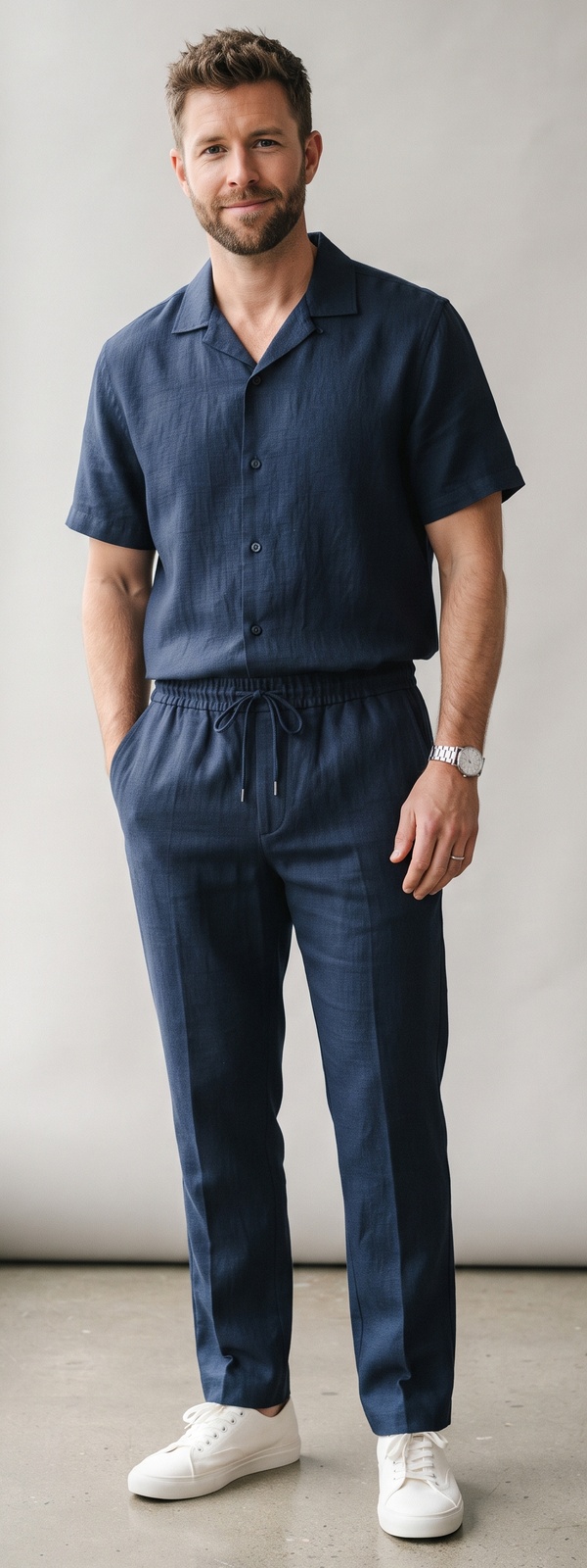 Monochrome Navy Linen Camp-Collar Shirt With Drawstring Pants and White Sneakers