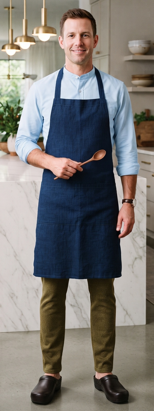 Navy Linen Chef Apron and Light Blue Band Collar Shirt Kitchen Look