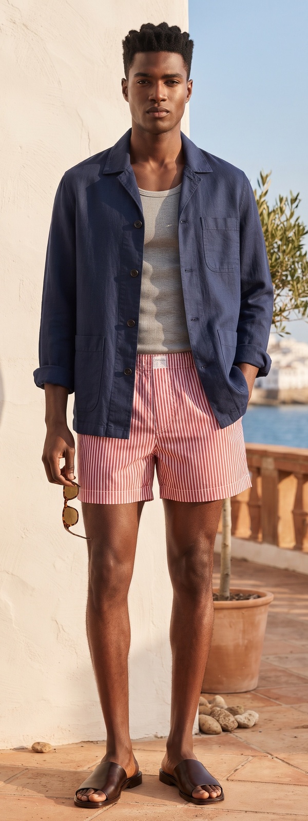 Navy Linen Chore Jacket with Red Striped Boxer Shorts and Leather Slides