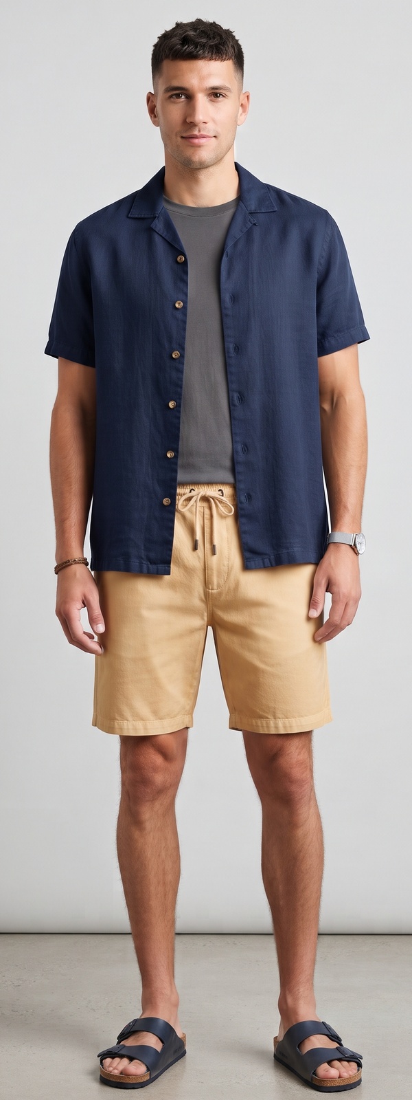 Navy Linen Overshirt Grey Tee and Tan Drawstring Shorts Look