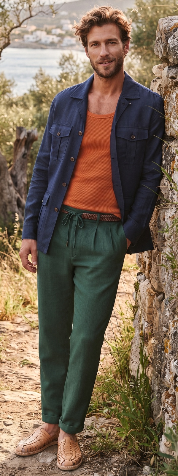 Mediterranean Resort Navy Linen Safari Jacket and Orange Tank Top Look