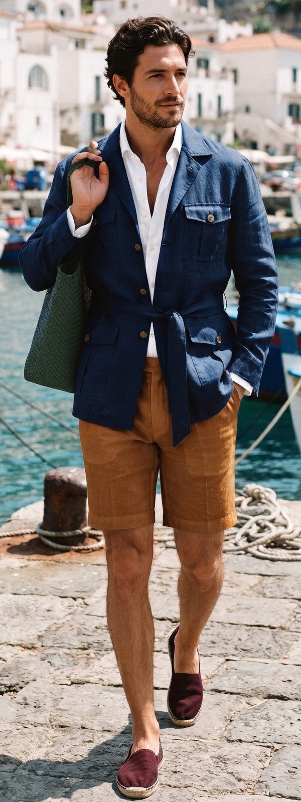 Mediterranean Navy Linen Safari Jacket and Terracotta Shorts Look
