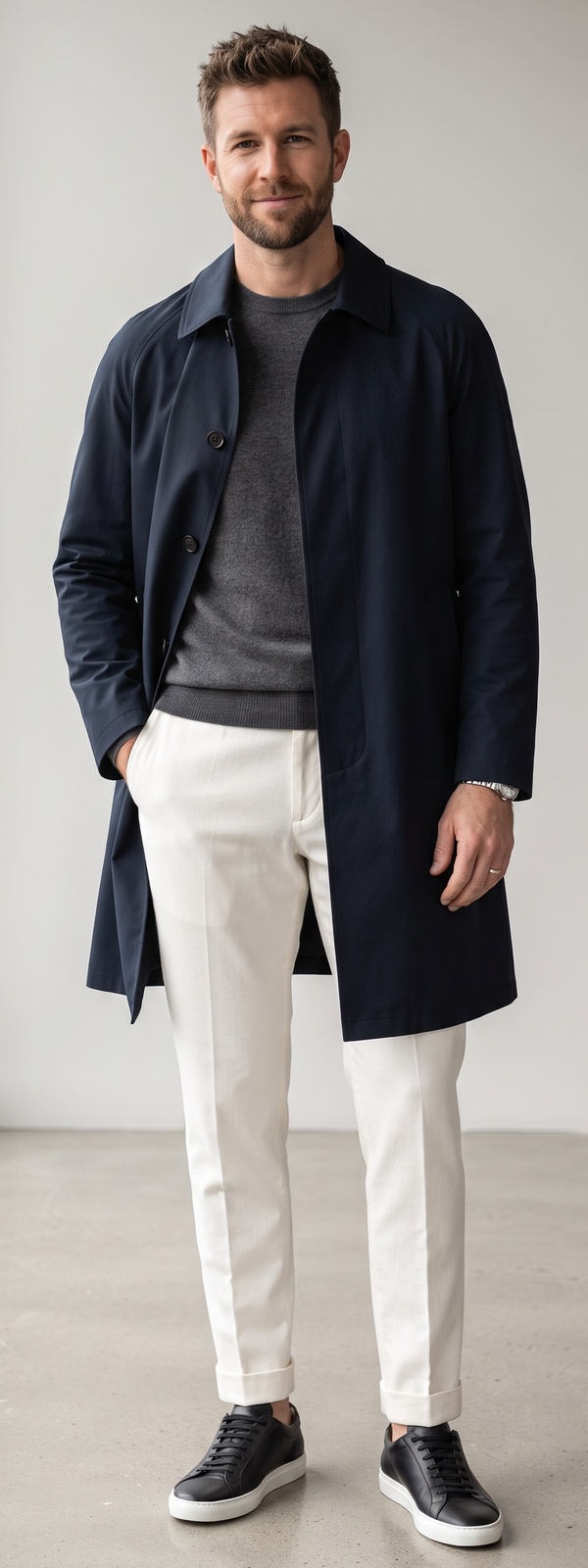 Navy Mac Raincoat Over Charcoal Crewneck Sweater With Cream Cuffed Dress Pants