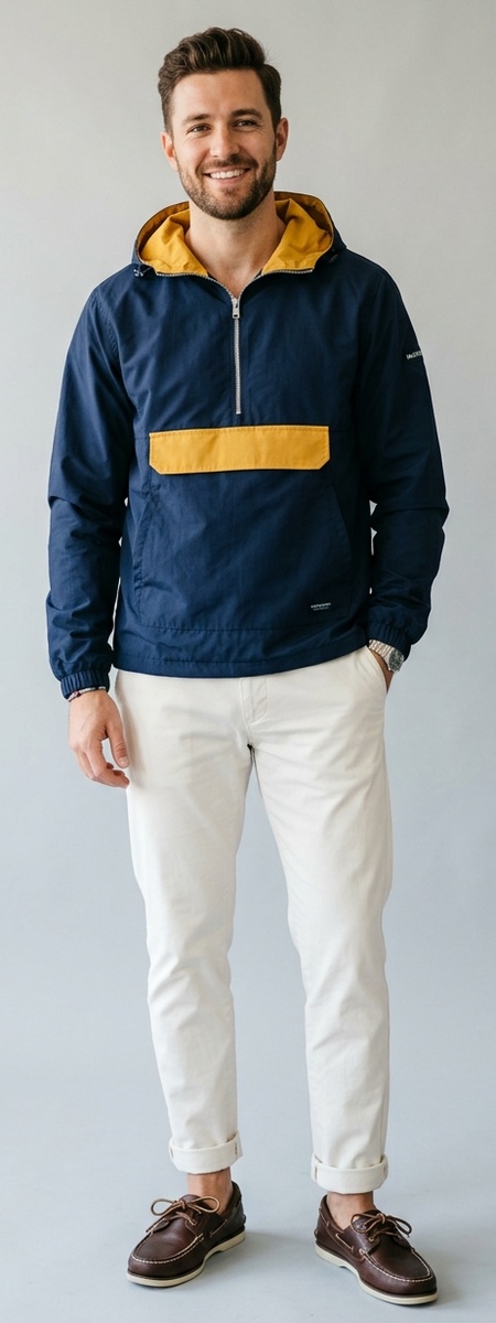 Nautical Navy and Mustard Half-Zip Sailing Anorak with Off-White Chinos and Boat Shoes