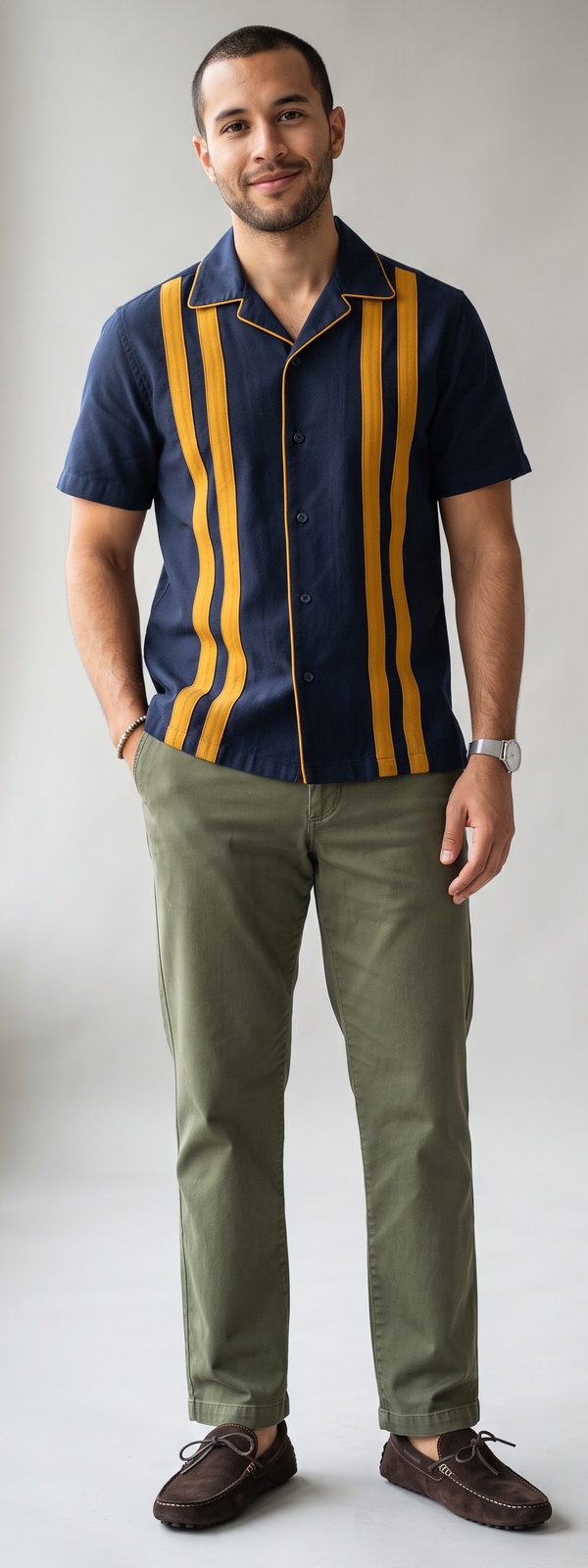 Retro Navy and Mustard Stripe Bowling Shirt With Olive Chino Pants