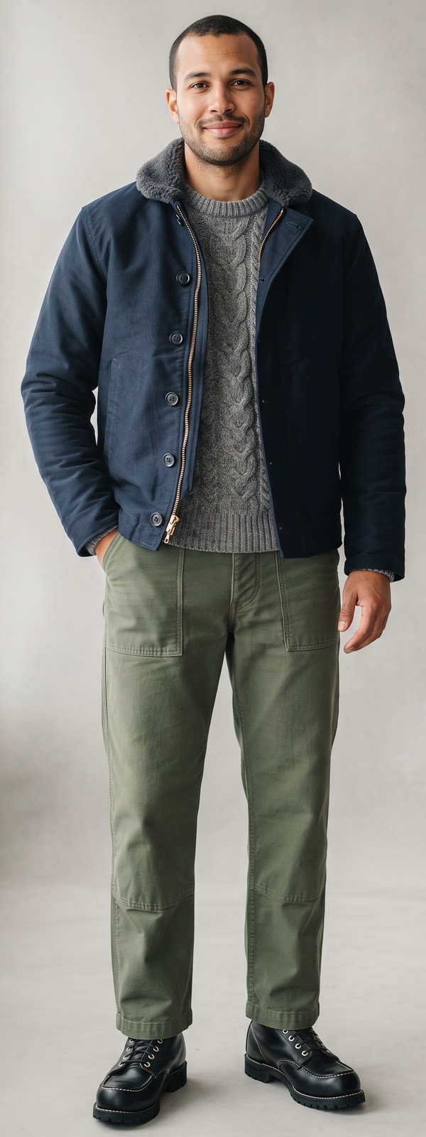 Rugged Navy N-1 Deck Jacket and Olive Fatigue Pants With Cable-Knit Sweater